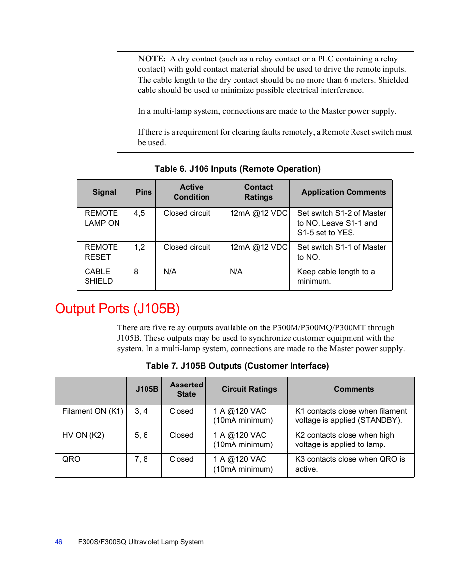 Table 6. j106 inputs (remote operation), Output ports (j105b), Table 7. j105b outputs (customer interface) | Table 6, Table 7 | Fusion F300S User Manual | Page 46 / 154