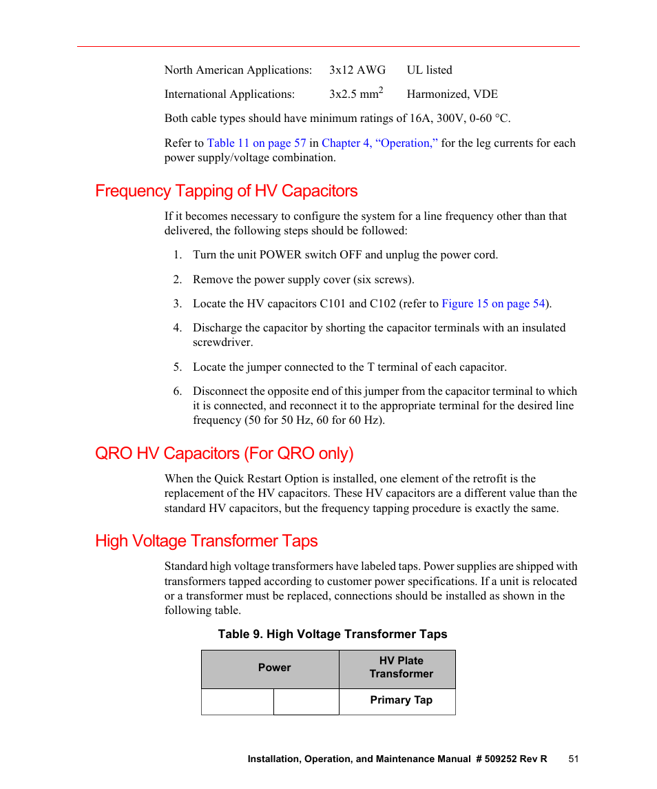 Frequency tapping of hv capacitors, Qro hv capacitors (for qro only), High voltage transformer taps | Table 9. high voltage transformer taps | Fusion F300S User Manual | Page 51 / 154