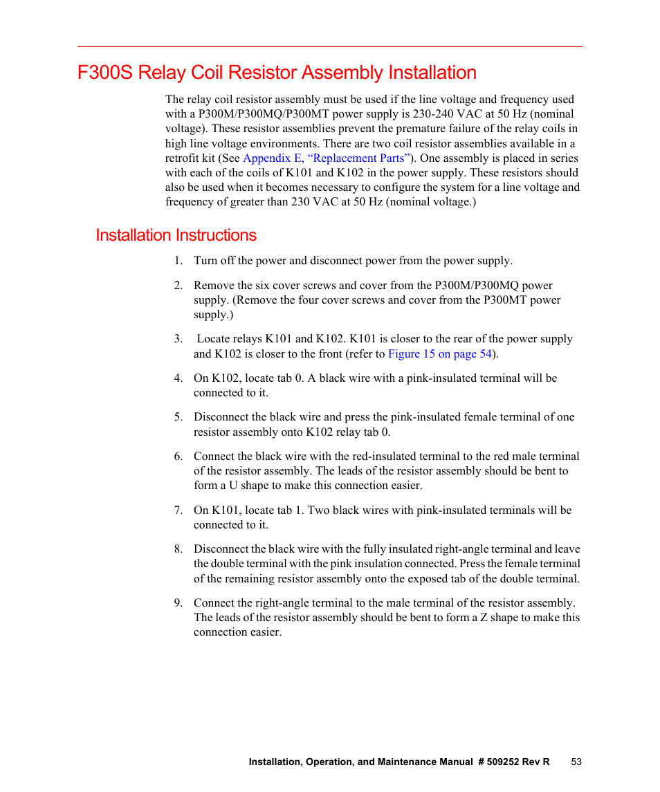 F300s relay coil resistor assembly installation, Installation instructions | Fusion F300S User Manual | Page 53 / 154