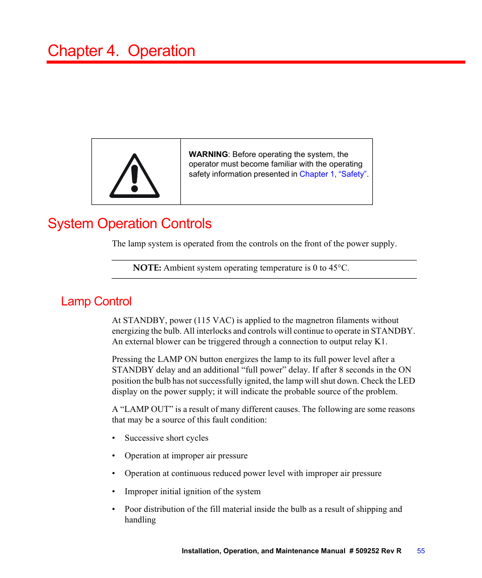 Chapter 4. operation, System operation controls, Lamp control | Chapter 4, “operation, Chapter 4, Operation | Fusion F300S User Manual | Page 55 / 154