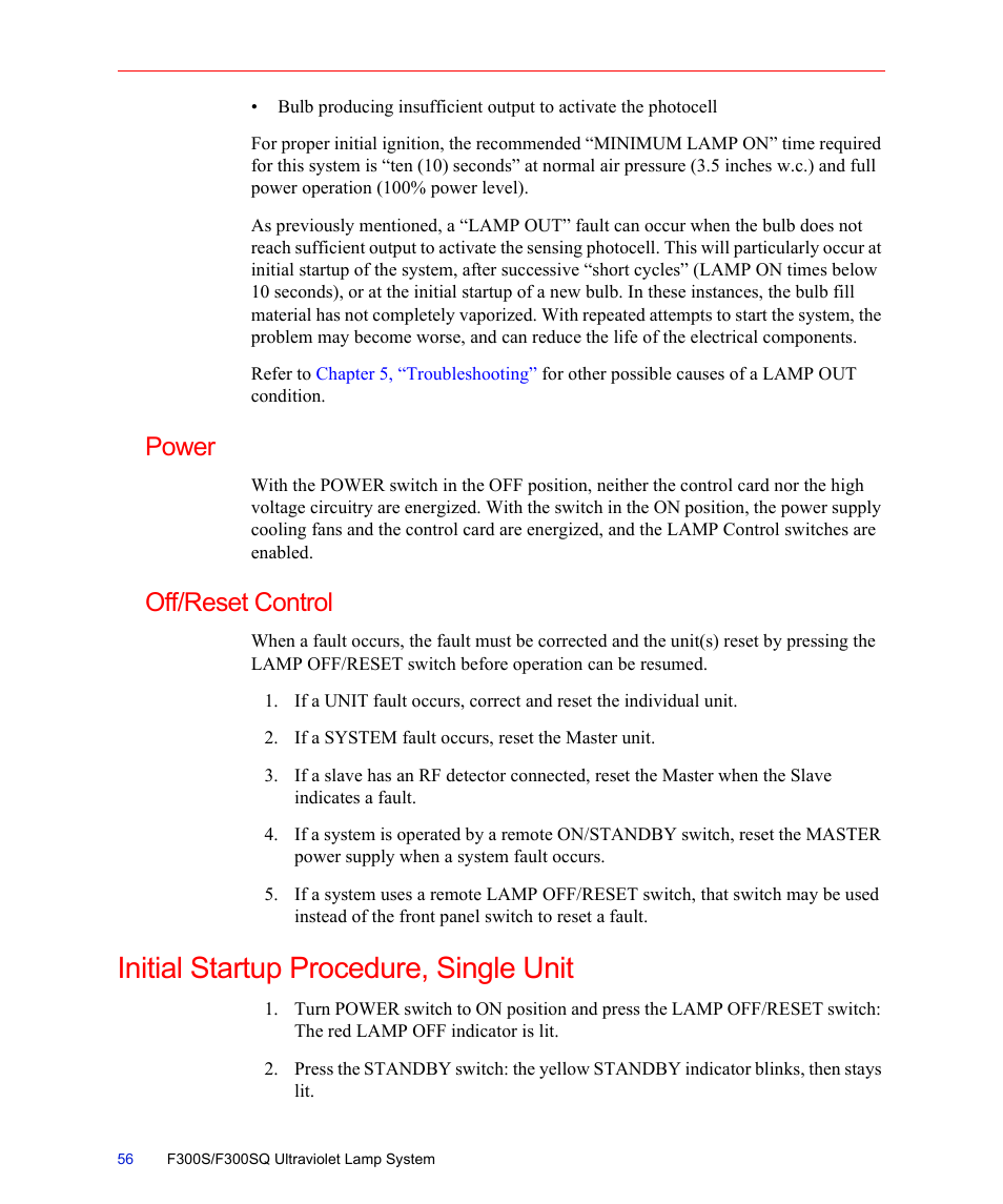 Power, Off/reset control, Initial startup procedure, single unit | Power off/reset control | Fusion F300S User Manual | Page 56 / 154