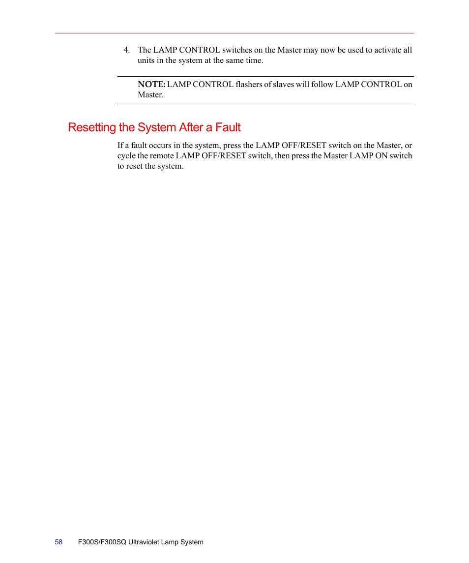 Resetting the system after a fault | Fusion F300S User Manual | Page 58 / 154