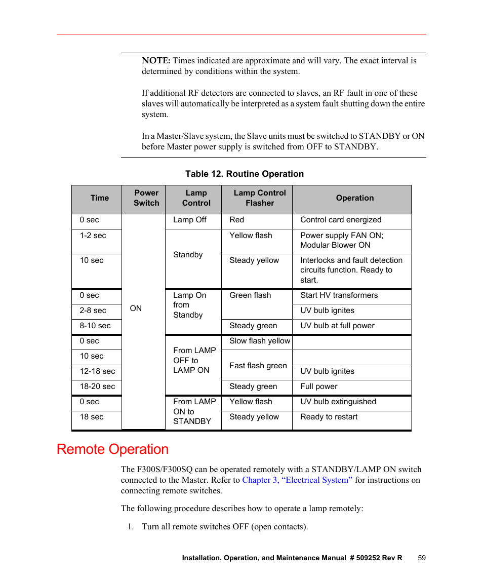 Table 12. routine operation, Remote operation | Fusion F300S User Manual | Page 59 / 154