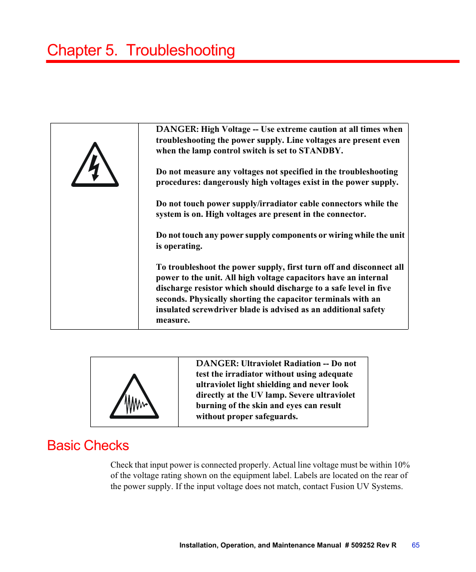 Chapter 5. troubleshooting, Basic checks, Chapter 5, “troubleshooting | Chapter 5, Troubleshooting | Fusion F300S User Manual | Page 65 / 154