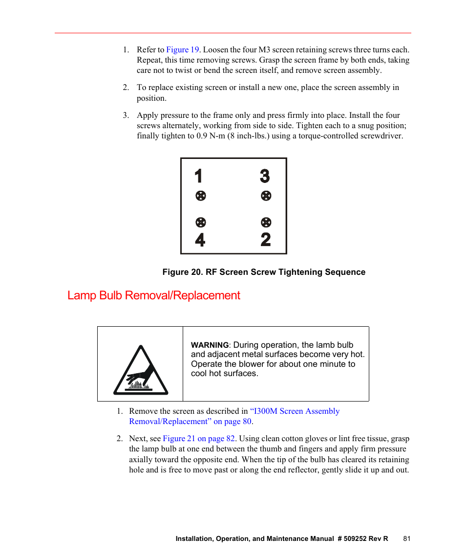 Figure 20. rf screen screw tightening sequence, Lamp bulb removal/replacement | Fusion F300S User Manual | Page 81 / 154