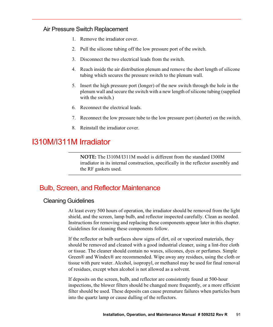 Air pressure switch replacement, I310m/i311m irradiator, Bulb, screen, and reflector maintenance | Cleaning guidelines | Fusion F300S User Manual | Page 91 / 154