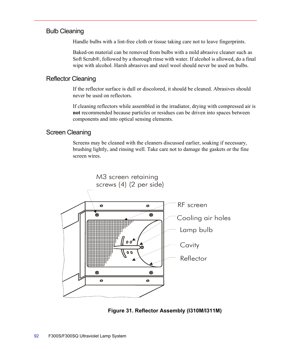 Bulb cleaning, Reflector cleaning, Screen cleaning | Figure 31. reflector assembly (i310m/i311m), Bulb cleaning reflector cleaning screen cleaning | Fusion F300S User Manual | Page 92 / 154