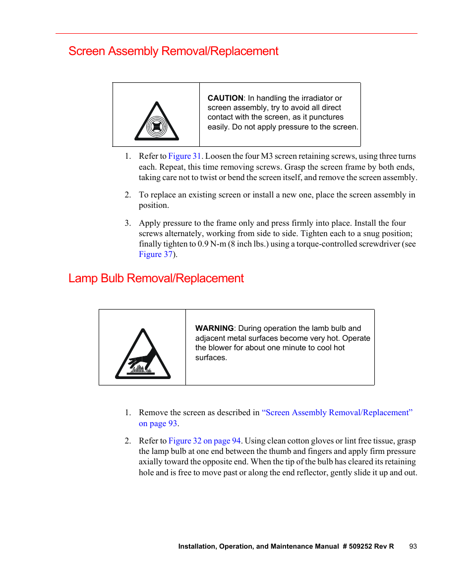 Screen assembly removal/replacement, Lamp bulb removal/replacement | Fusion F300S User Manual | Page 93 / 154