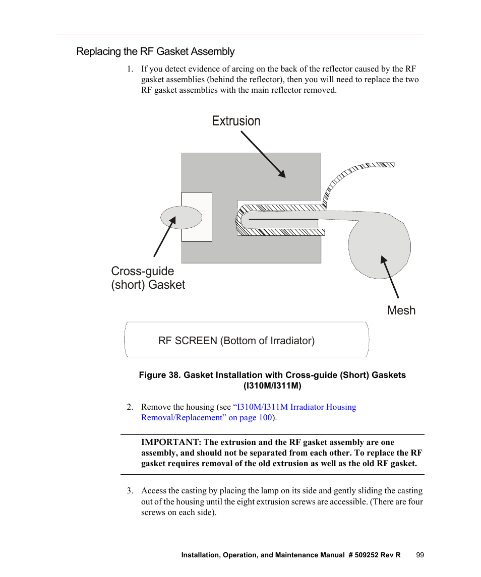 Replacing the rf gasket assembly, Replacing the rf gasket assembly” on, Mesh cross-guide (short) gasket | Fusion F300S User Manual | Page 99 / 154