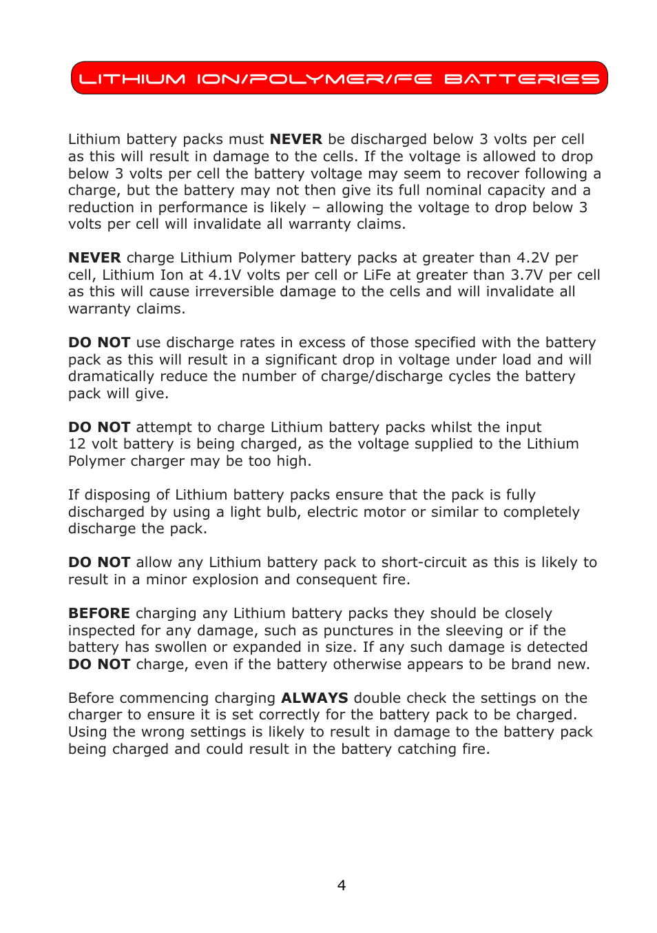 Lithium ion/polymer/fe batteries | Fusion TYPHOON L50B PRO User Manual | Page 6 / 16