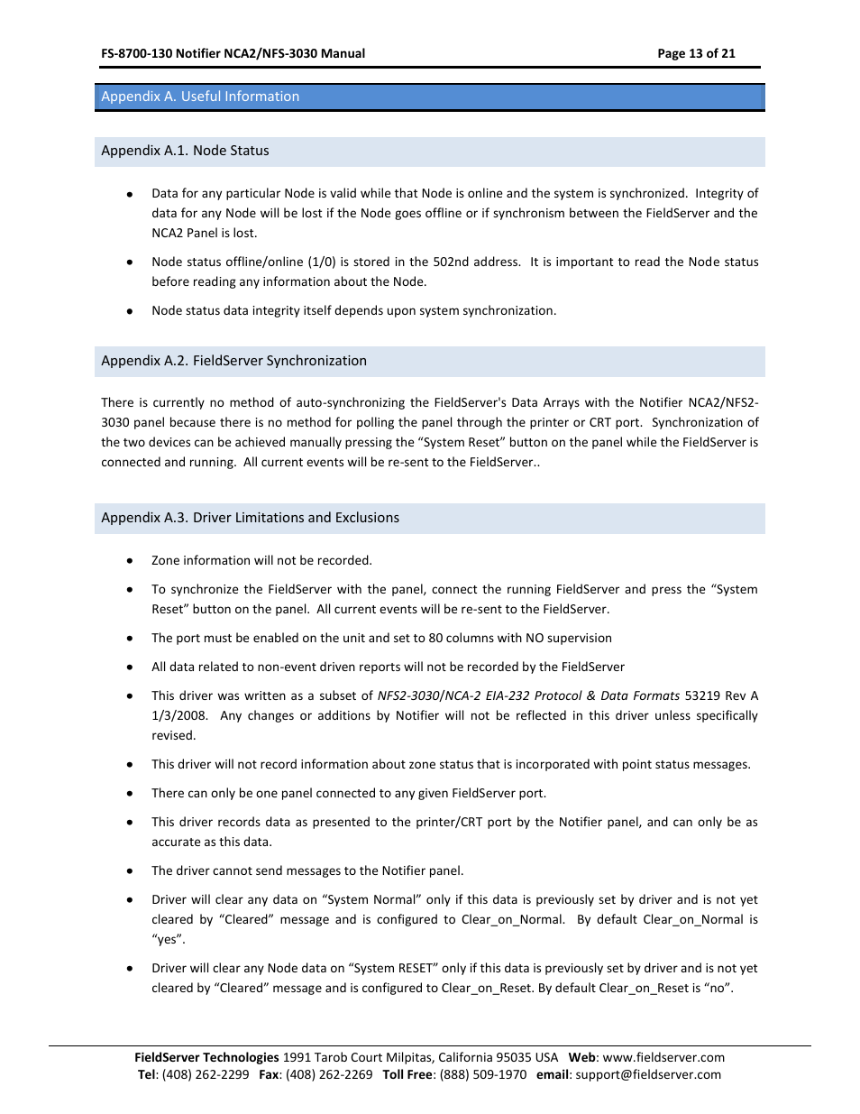 Appendix a. useful information, Appendix a.1. node status, Appendix a.2. fieldserver synchronization | Appendix a.3. driver limitations and exclusions | FieldServer NCA2-NFS2-3030 User Manual | Page 13 / 21