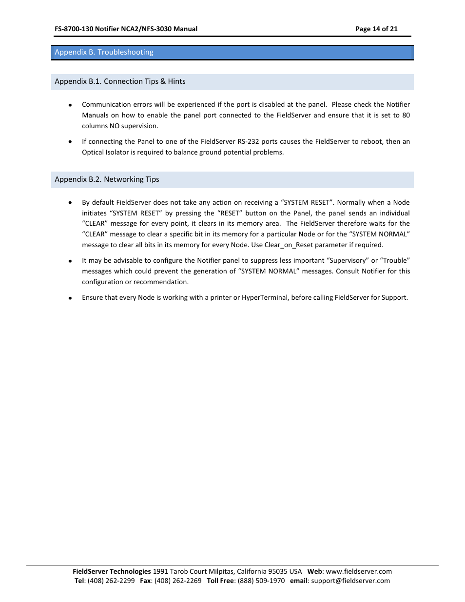 Appendix b. troubleshooting, Appendix b.1. connection tips & hints, Appendix b.2. networking tips | FieldServer NCA2-NFS2-3030 User Manual | Page 14 / 21