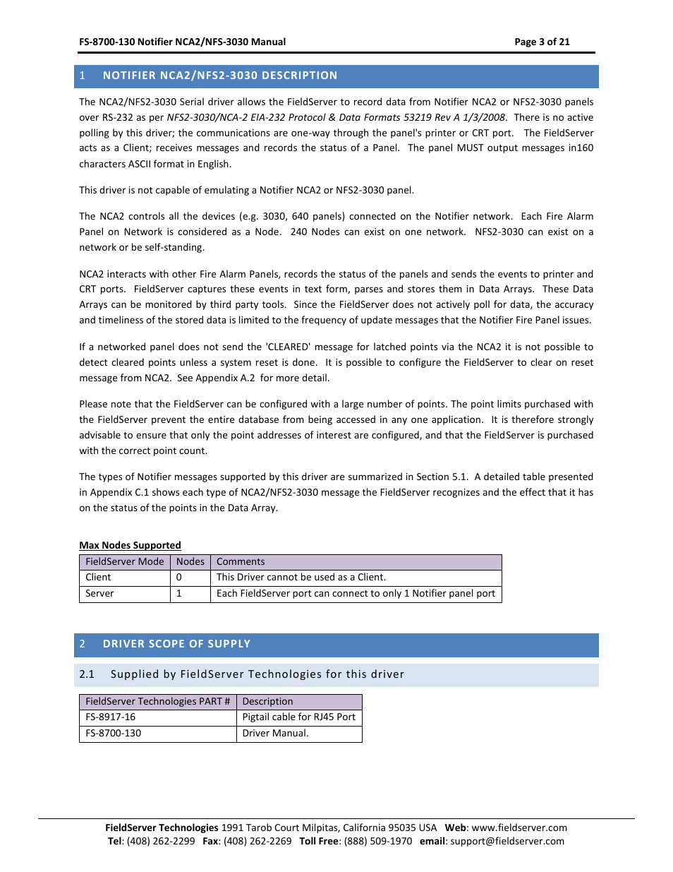 Notifier nca2/nfs2-3030 description, Driver scope of supply | FieldServer NCA2-NFS2-3030 User Manual | Page 3 / 21