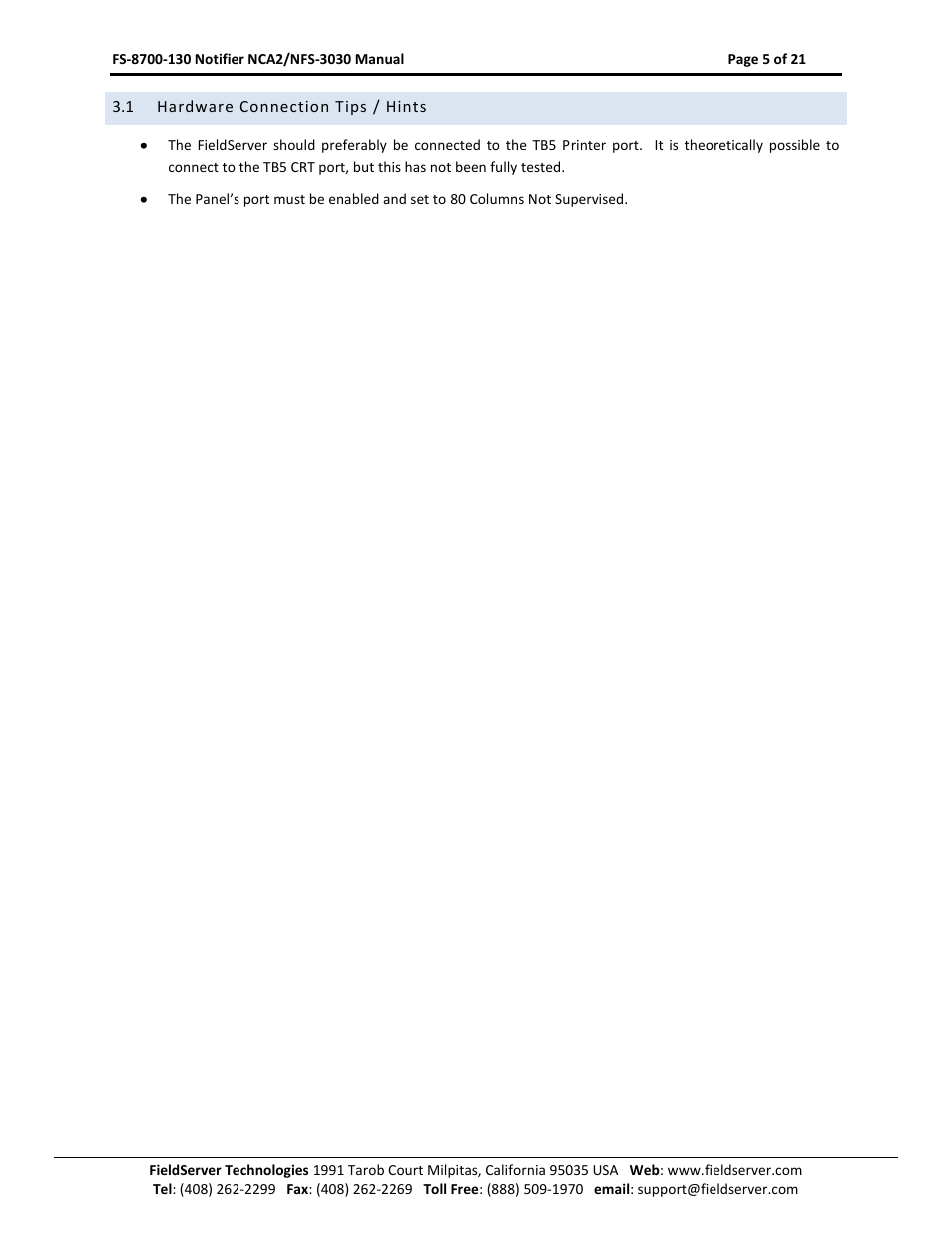 Hardware connection tips / hints | FieldServer NCA2-NFS2-3030 User Manual | Page 5 / 21