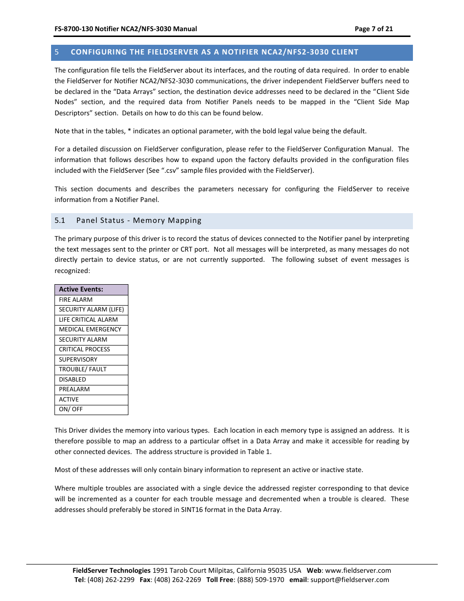 Panel status - memory mapping | FieldServer NCA2-NFS2-3030 User Manual | Page 7 / 21