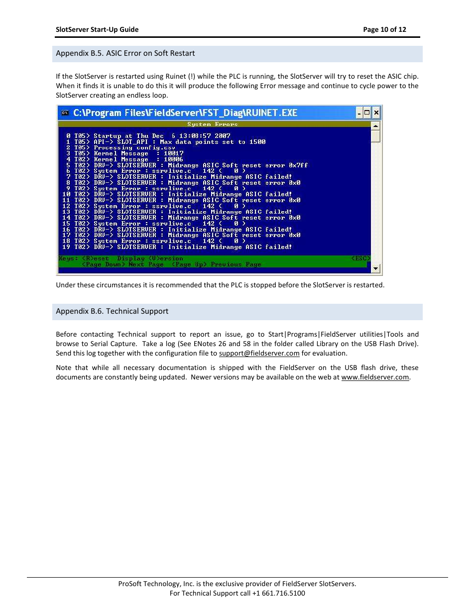 Appendix b.5. asic error on soft restart, Appendix b.6. technical support | FieldServer FS-RA-CLX-PRO User Manual | Page 10 / 12