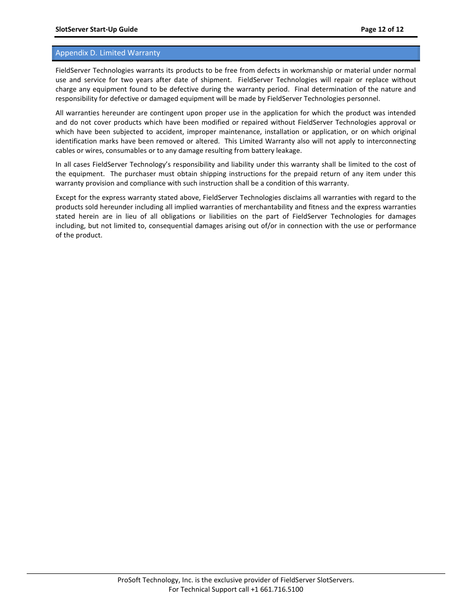 Appendix d. limited warranty | FieldServer FS-RA-CLX-PRO User Manual | Page 12 / 12
