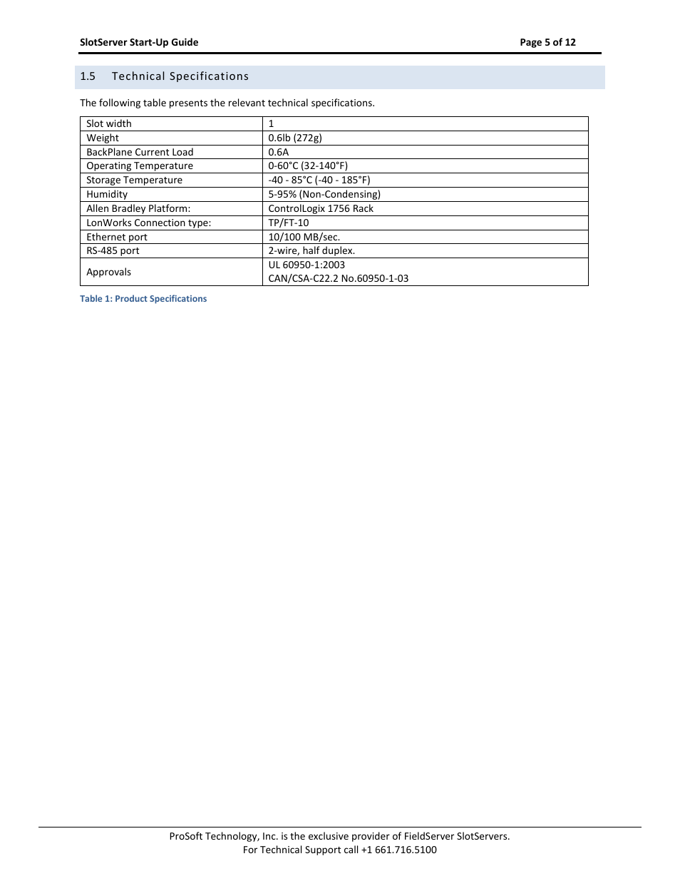 Technical specifications | FieldServer FS-RA-CLX-PRO User Manual | Page 5 / 12