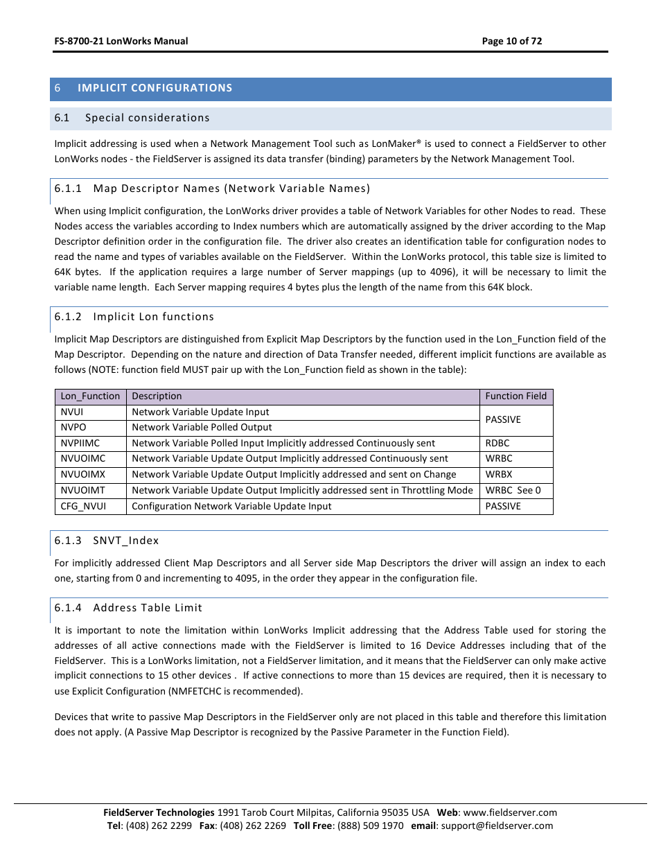 Implicit configurations, Special considerations, Map descriptor names (network variable names) | Implicit lon functions, Snvt_index, Address table limit | FieldServer LonWorks FS-8700-21 User Manual | Page 10 / 72