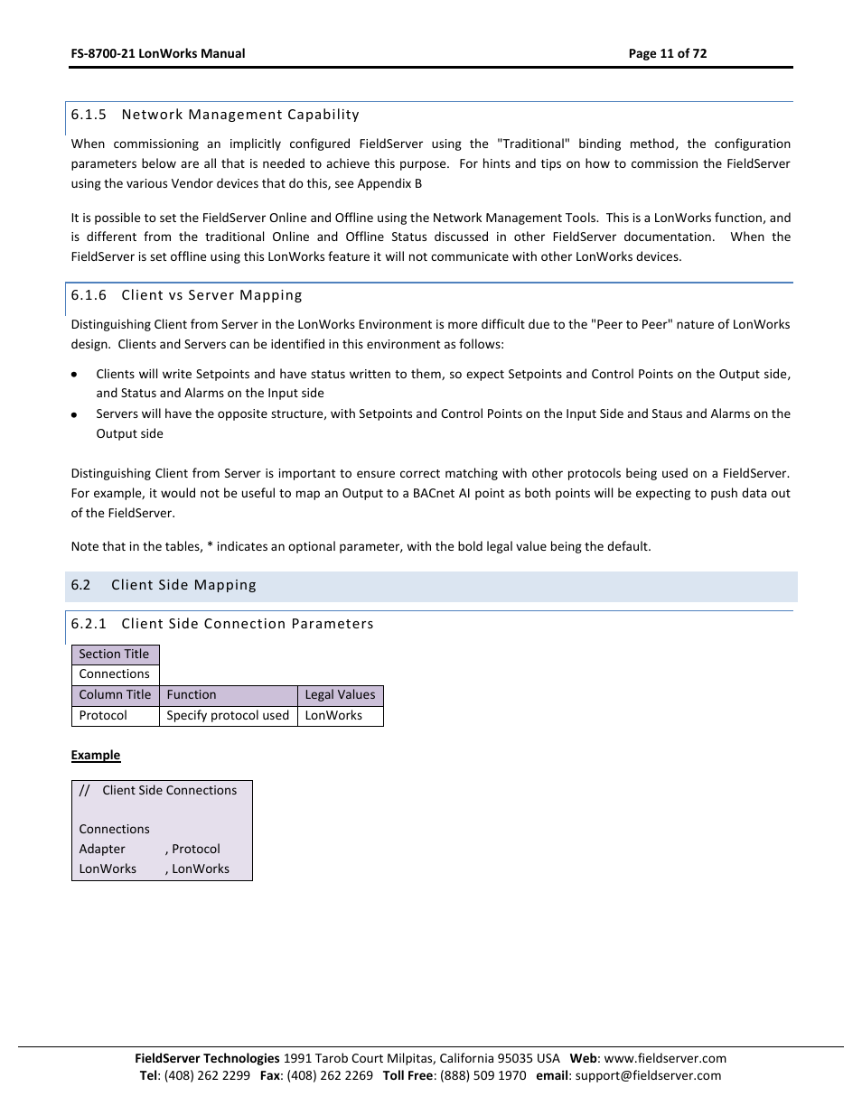 Network management capability, Client vs server mapping, Client side mapping | Client side connection parameters | FieldServer LonWorks FS-8700-21 User Manual | Page 11 / 72
