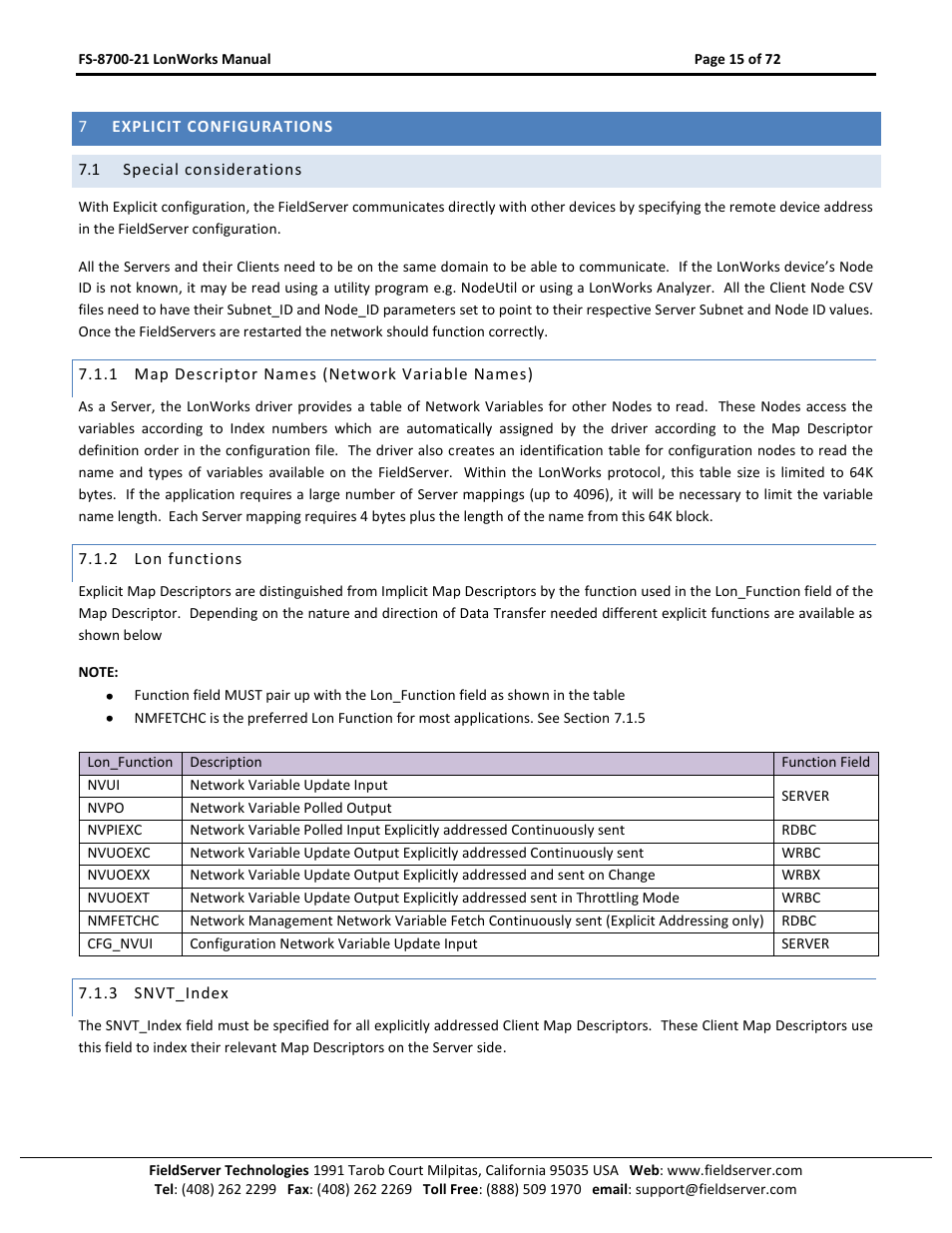 Explicit configurations, Special considerations, Map descriptor names (network variable names) | Lon functions, Snvt_index | FieldServer LonWorks FS-8700-21 User Manual | Page 15 / 72