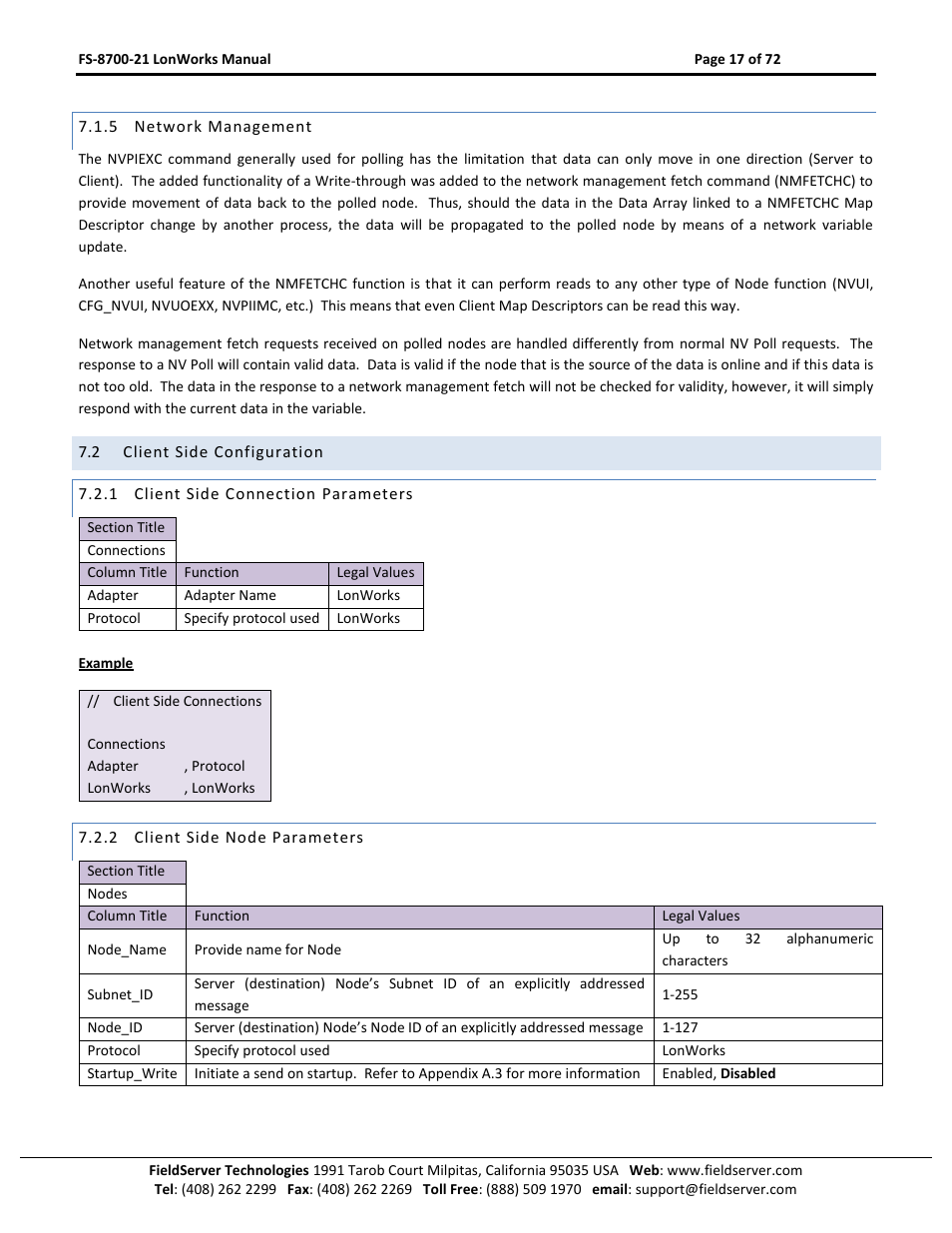 Network management, Client side configuration, Client side connection parameters | Client side node parameters | FieldServer LonWorks FS-8700-21 User Manual | Page 17 / 72