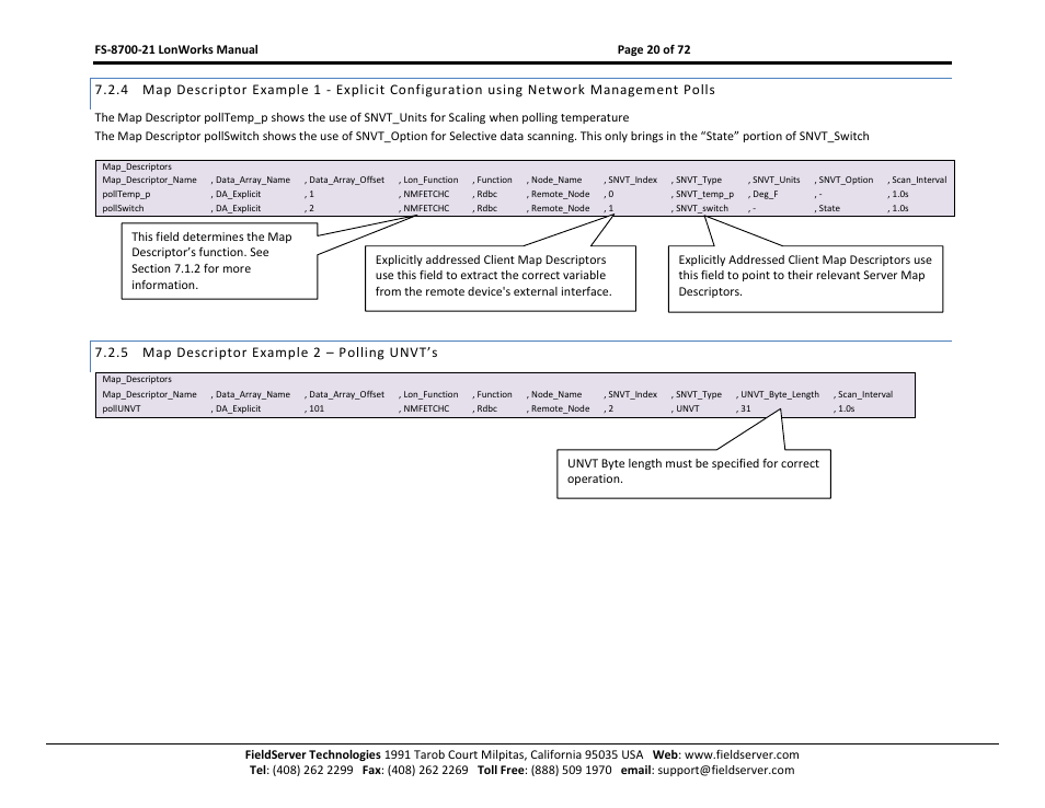 Map descriptor example 2 – polling unvt’s, 5 map descriptor example 2 – polling unvt’s | FieldServer LonWorks FS-8700-21 User Manual | Page 20 / 72