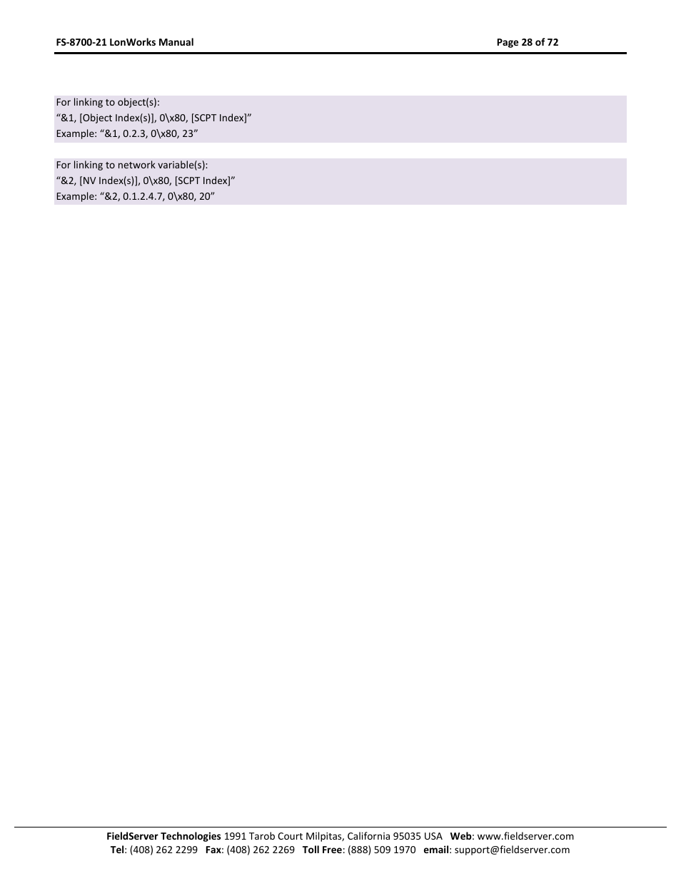 FieldServer LonWorks FS-8700-21 User Manual | Page 28 / 72