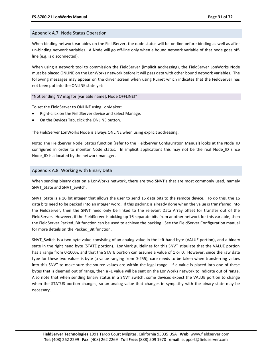 Appendix a.7. node status operation, Appendix a.8. working with binary data | FieldServer LonWorks FS-8700-21 User Manual | Page 31 / 72