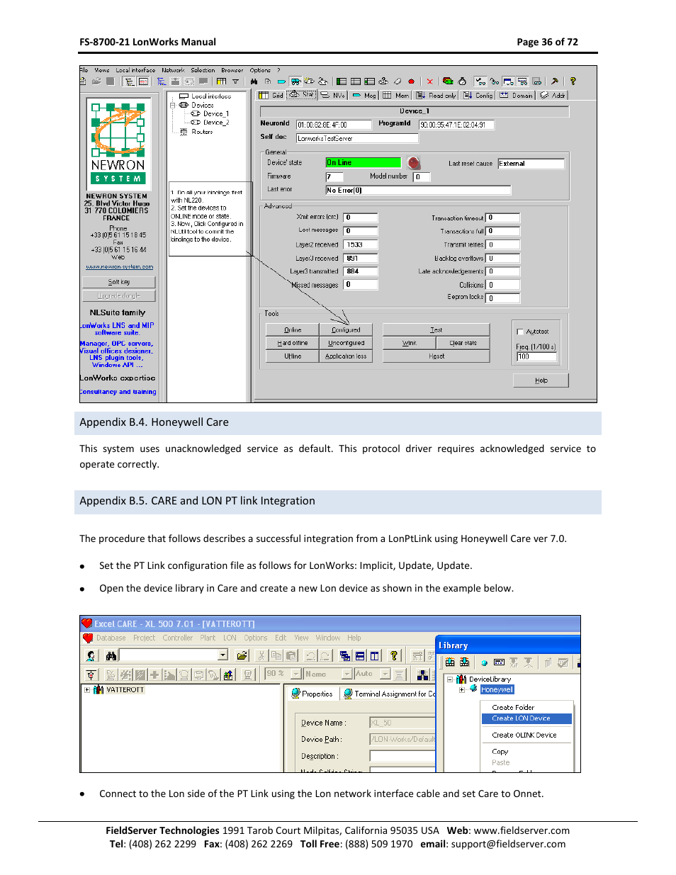 Appendix b.4. honeywell care, Appendix b.5. care and lon pt link integration | FieldServer LonWorks FS-8700-21 User Manual | Page 36 / 72