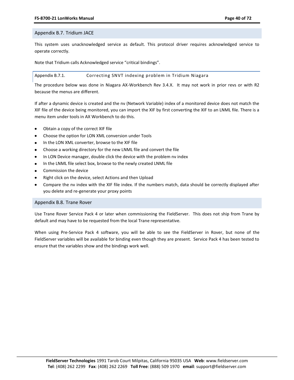 Appendix b.7. tridium jace, Appendix b.7.1, Appendix b.8. trane rover | FieldServer LonWorks FS-8700-21 User Manual | Page 40 / 72