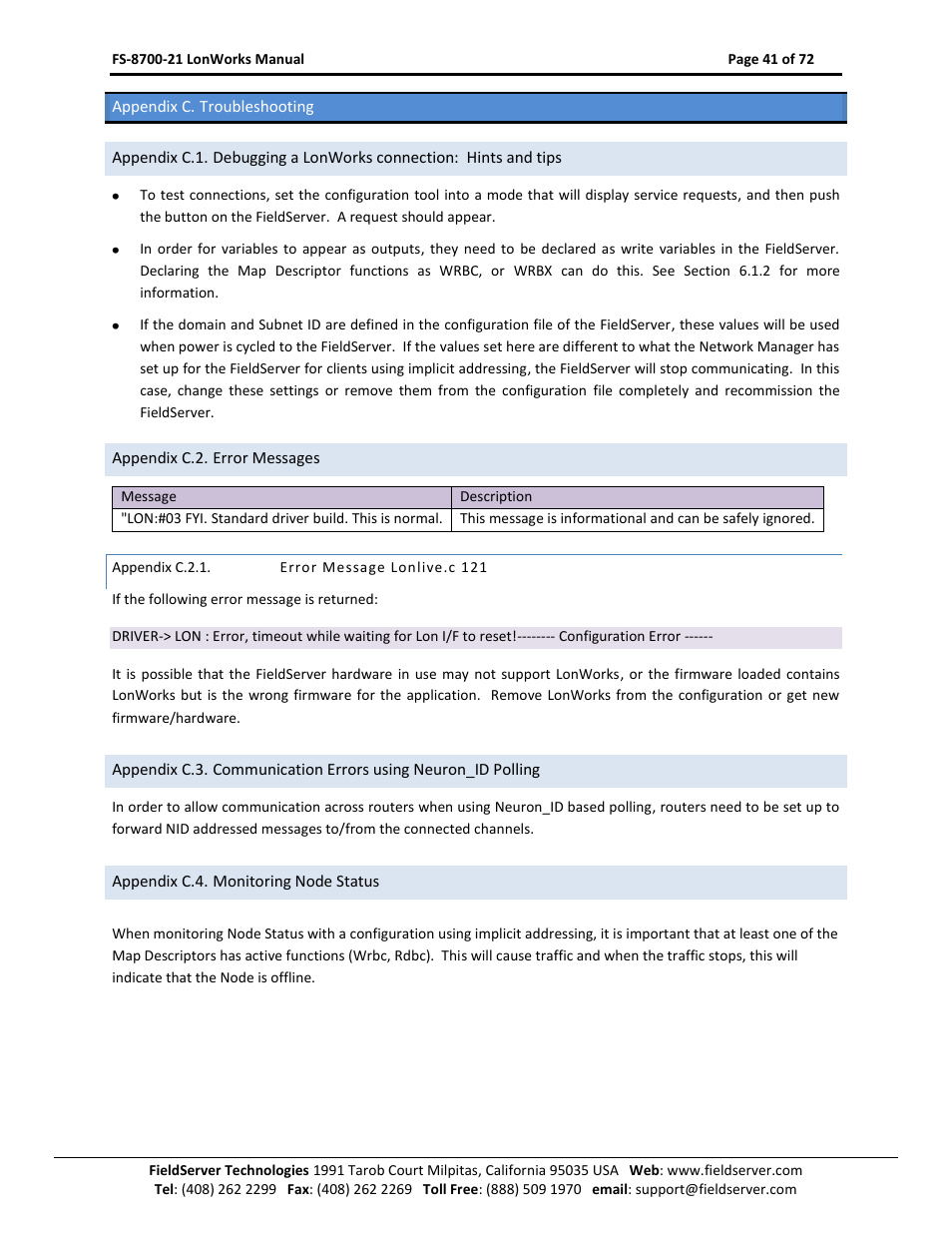 Appendix c. troubleshooting, Appendix c.2. error messages, Appendix c.2.1 | Error message lonlive.c 121, Appendix c.4. monitoring node status | FieldServer LonWorks FS-8700-21 User Manual | Page 41 / 72