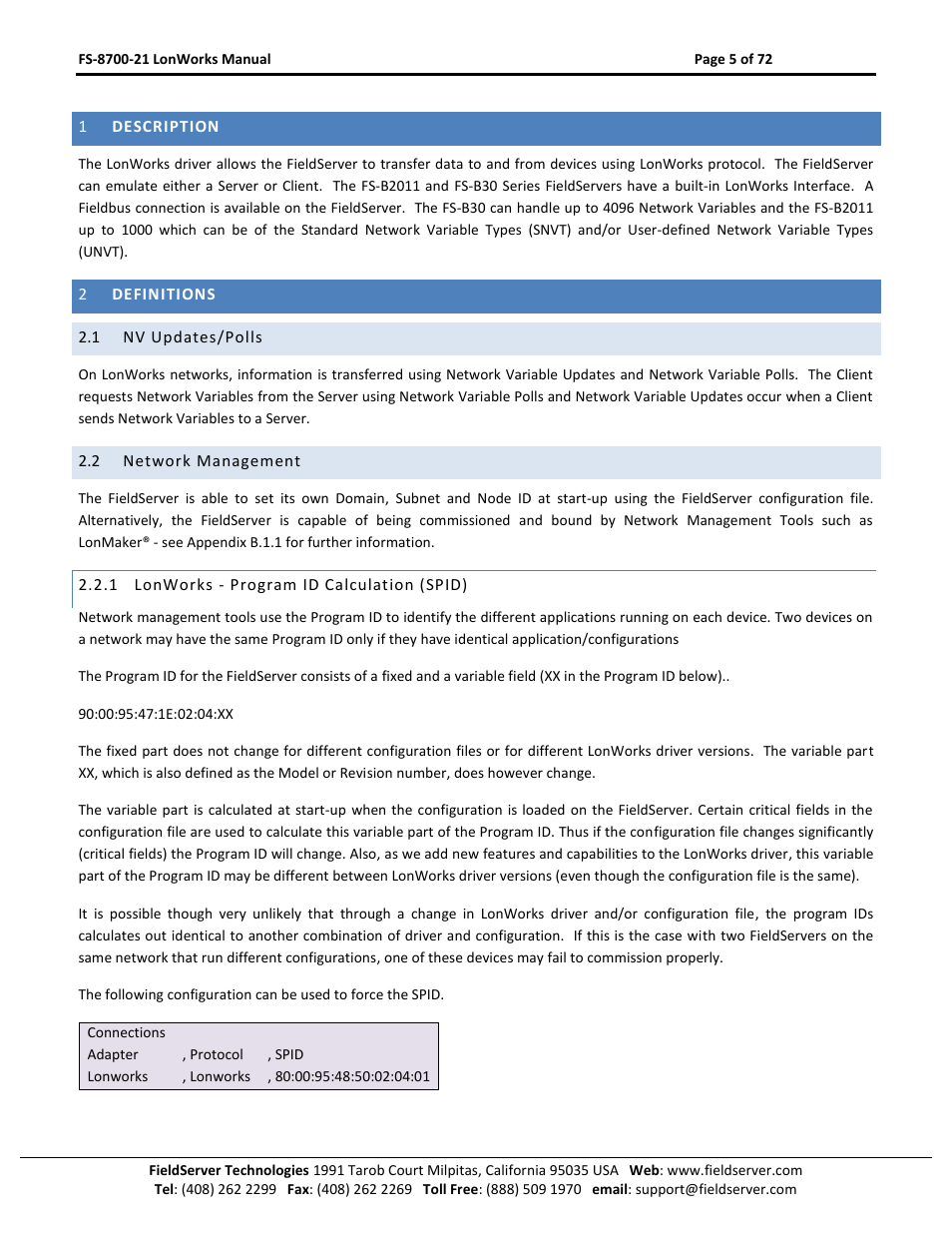 Description, Definitions, Nv updates/polls | Network management, Lonworks - program id calculation (spid) | FieldServer LonWorks FS-8700-21 User Manual | Page 5 / 72