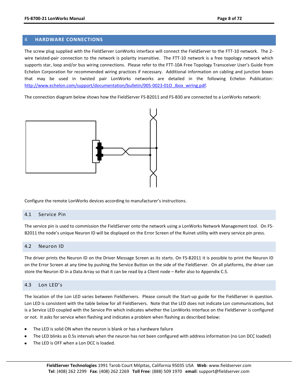 Hardware connections, Service pin, Neuron id | Lon led’s | FieldServer LonWorks FS-8700-21 User Manual | Page 8 / 72