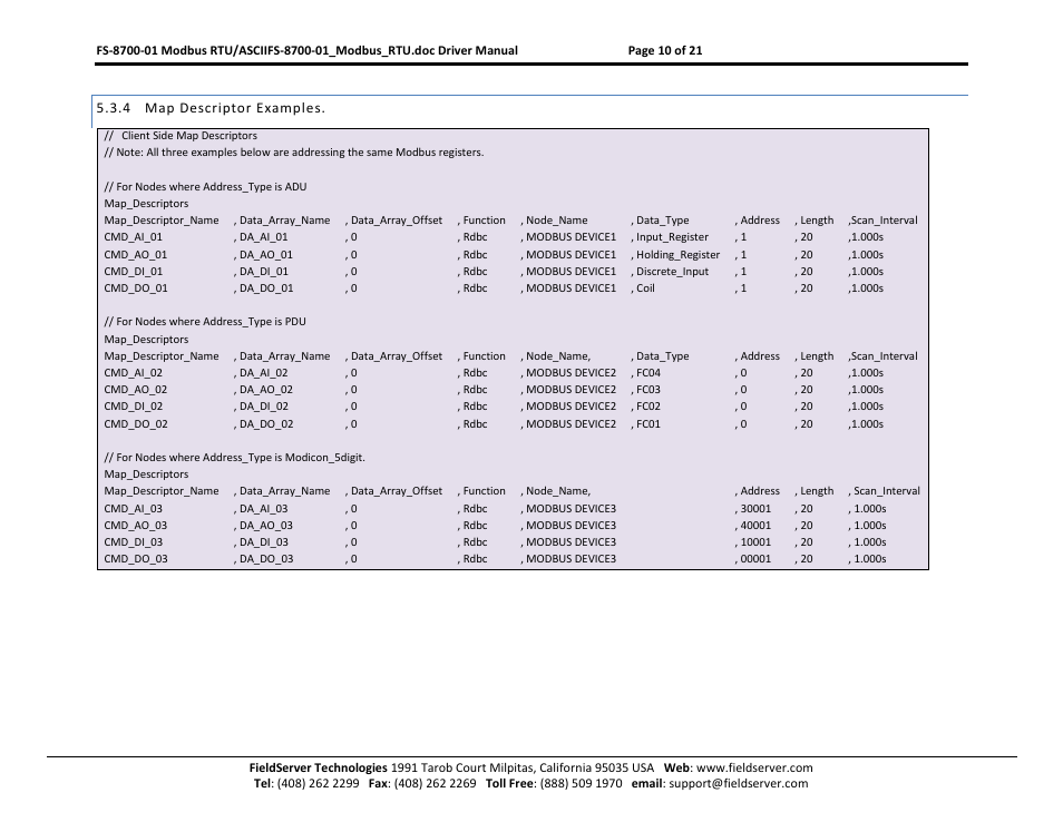 Map descriptor examples | FieldServer FS-8700-08 User Manual | Page 10 / 21