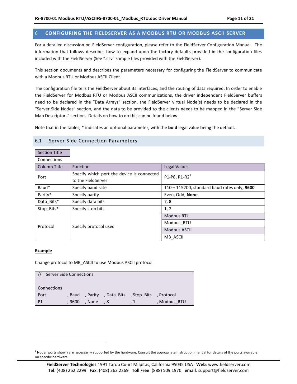 Server side connection parameters | FieldServer FS-8700-08 User Manual | Page 11 / 21