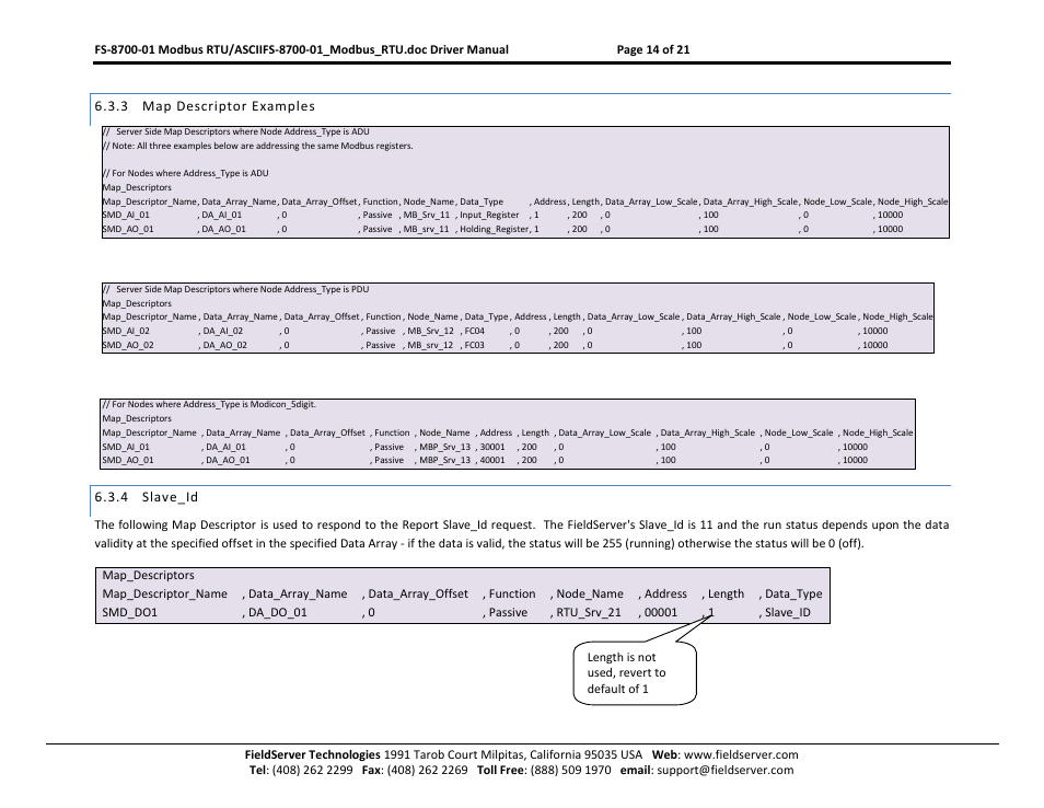 Map descriptor examples, Slave_id, 3 map descriptor examples | 4 slave_id | FieldServer FS-8700-08 User Manual | Page 14 / 21