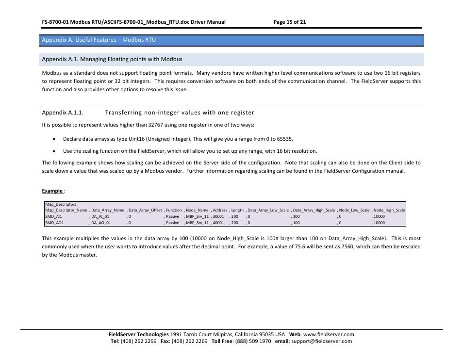 Appendix a. useful features – modbus rtu, Appendix a.1. managing floating points with modbus, Appendix a.1.1 | Transferring non-integer values with one register | FieldServer FS-8700-08 User Manual | Page 15 / 21