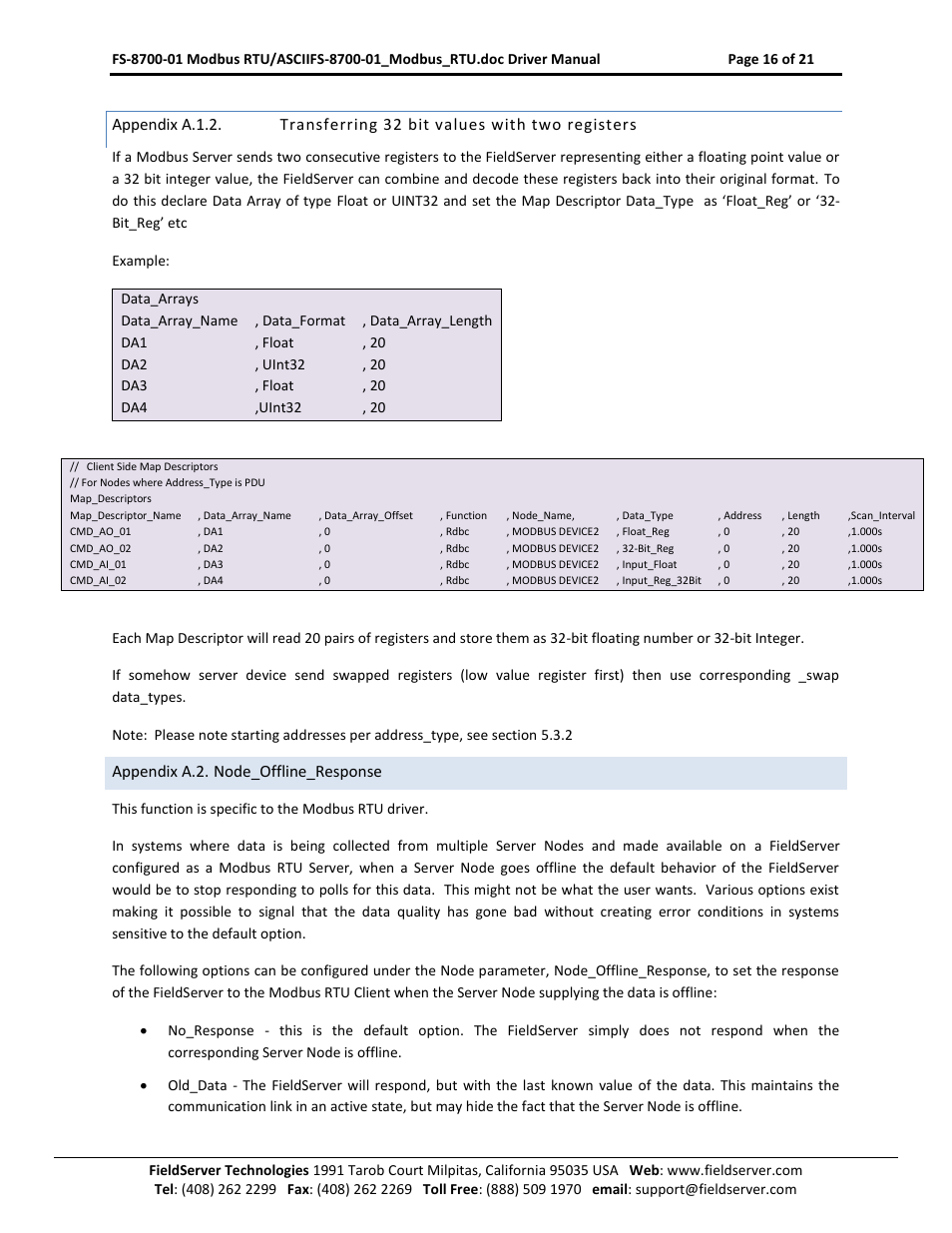 Appendix a.1.2, Transferring 32 bit values with two registers, Appendix a.2. node_offline_response | FieldServer FS-8700-08 User Manual | Page 16 / 21