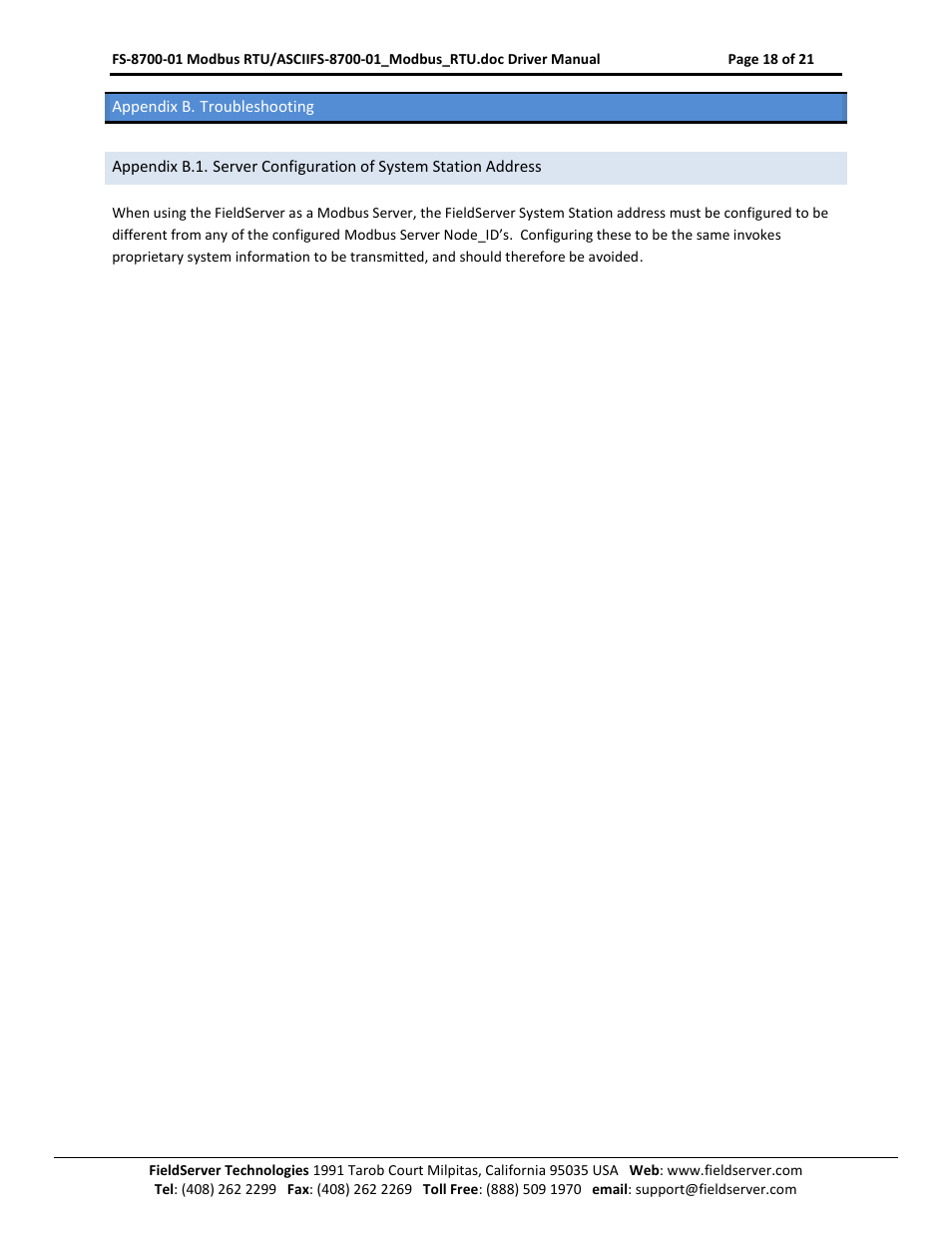 Appendix b. troubleshooting | FieldServer FS-8700-08 User Manual | Page 18 / 21