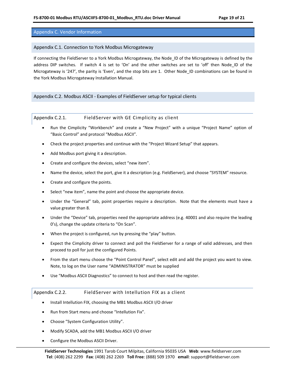 Appendix c. vendor information, Appendix c.2.1, Fieldserver with ge cimplicity as client | Appendix c.2.2, Fieldserver with intellution fix as a client | FieldServer FS-8700-08 User Manual | Page 19 / 21
