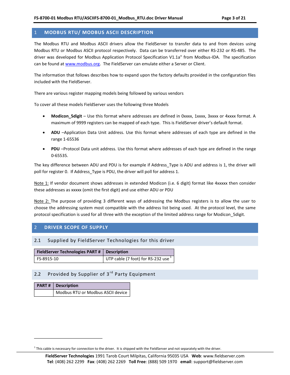 Modbus rtu/ modbus ascii description, Driver scope of supply, Provided by supplier of 3 | Party equipment | FieldServer FS-8700-08 User Manual | Page 3 / 21