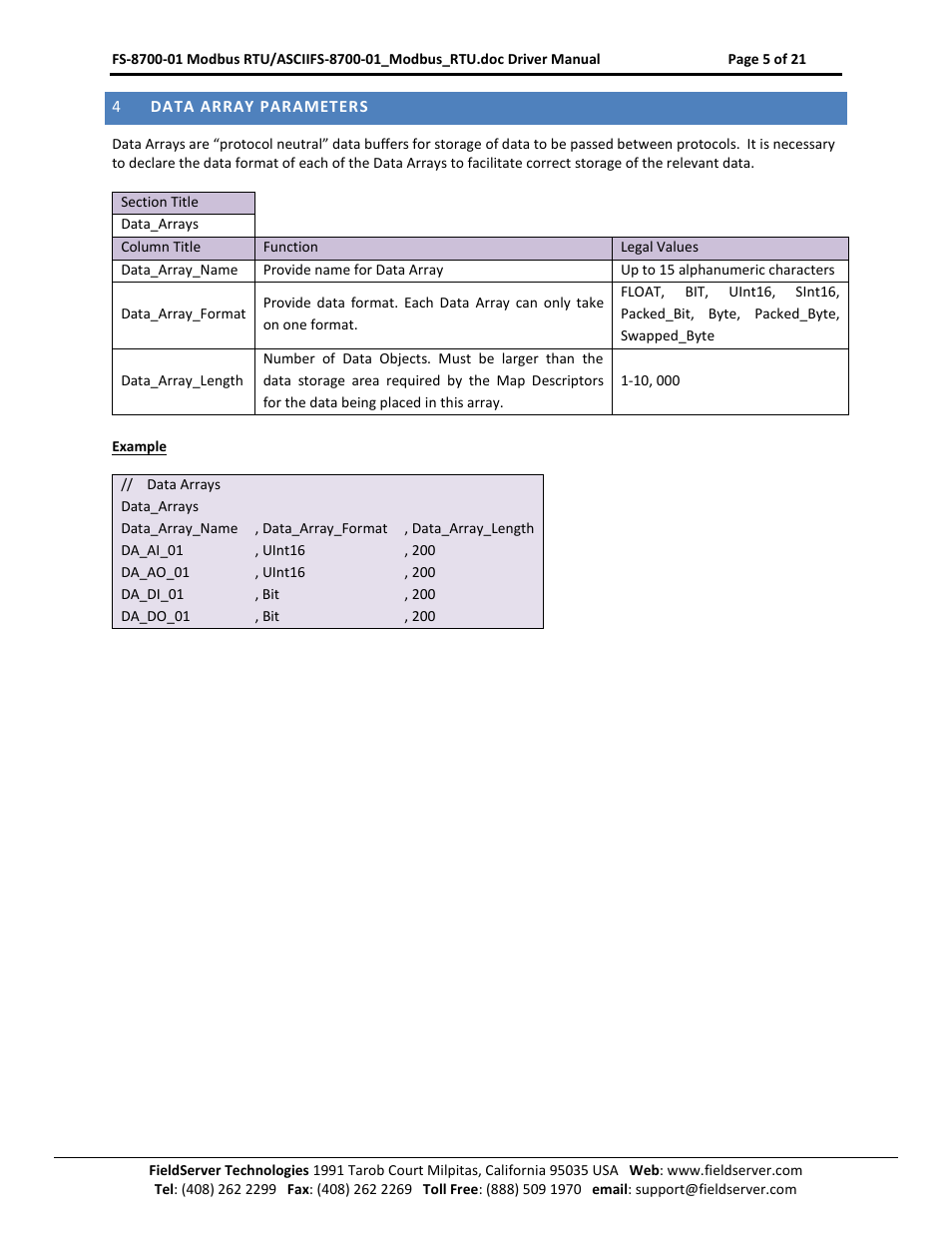Data array parameters | FieldServer FS-8700-08 User Manual | Page 5 / 21