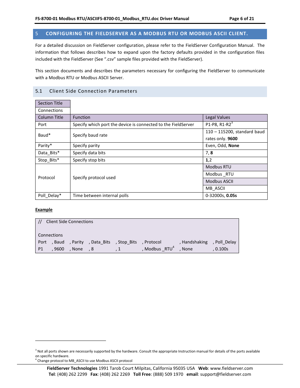 Client side connection parameters | FieldServer FS-8700-08 User Manual | Page 6 / 21