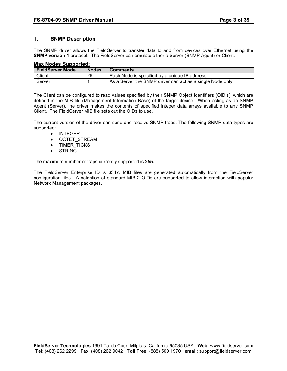 FieldServer FS-8704-09 SNMP User Manual | Page 3 / 39