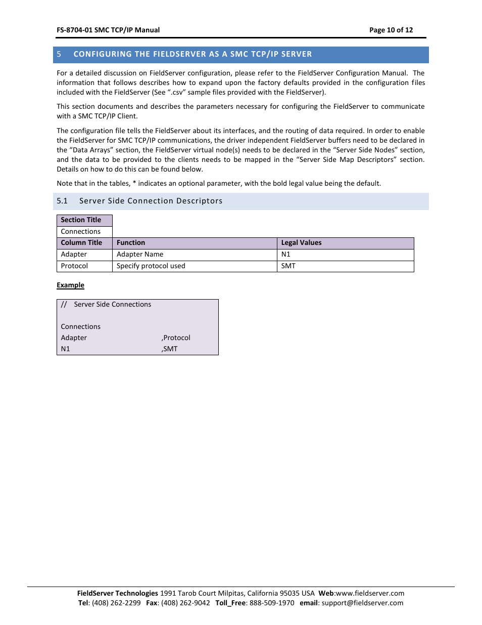 Configuring the fieldserver as a smc tcp/ip server, Server side connection descriptors | FieldServer FS-8704-01 User Manual | Page 10 / 12