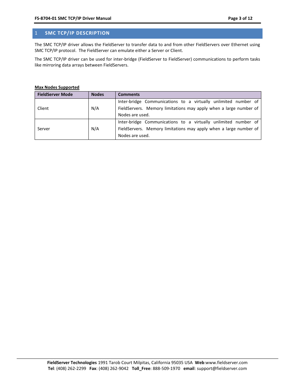 Smc tcp/ip description | FieldServer FS-8704-01 User Manual | Page 3 / 12
