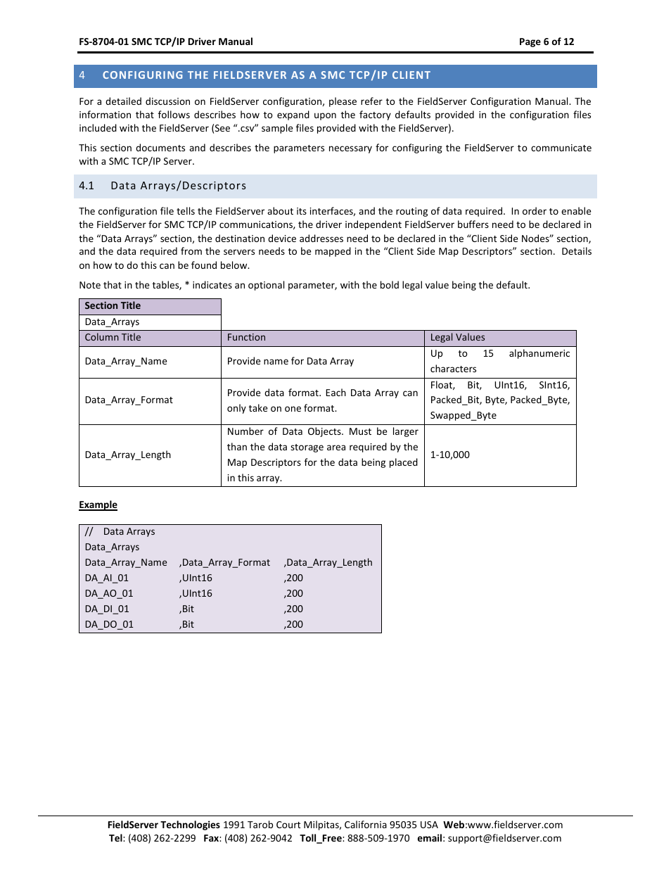 Configuring the fieldserver as a smc tcp/ip client, Data arrays/descriptors | FieldServer FS-8704-01 User Manual | Page 6 / 12