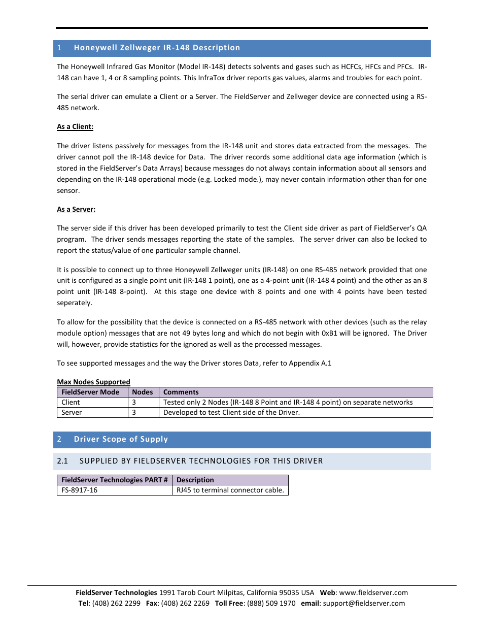 Honeywell zellweger ir-148 description, Driver scope of supply | FieldServer Honeywell Zellweger IR-148 User Manual | Page 3 / 17