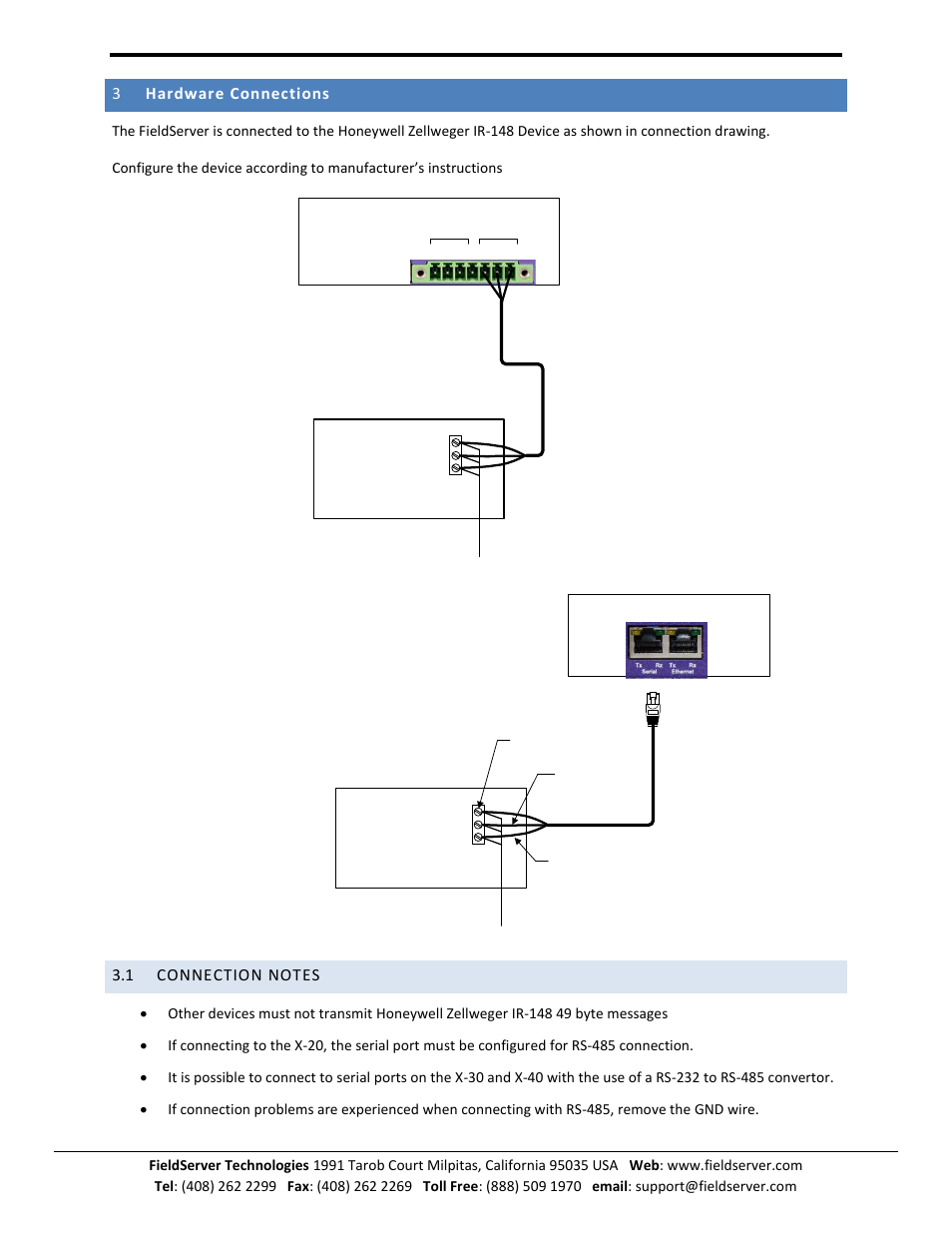 Hardware connections, Connection notes, 3hardware connections | FieldServer Honeywell Zellweger IR-148 User Manual | Page 4 / 17